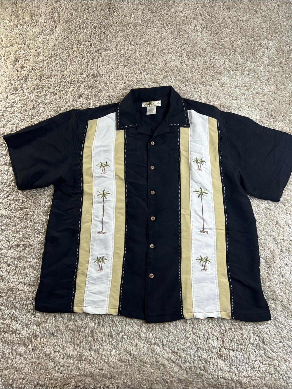 Men's Black Short-Sleeve Button-Down Shirt with Cream Panels and Palm Embroidery
